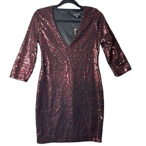 Express Dress Womens 6 Black Red V Neck 3/4 Sleeve Sequin Sparkle Prom Party NEW